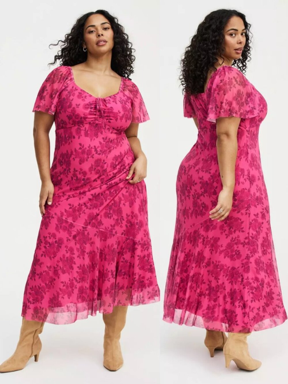 Torrid 1 Julep Rose Floral Pink Flutter Sleeve Tie Front Maxi Dress 1X 14 16